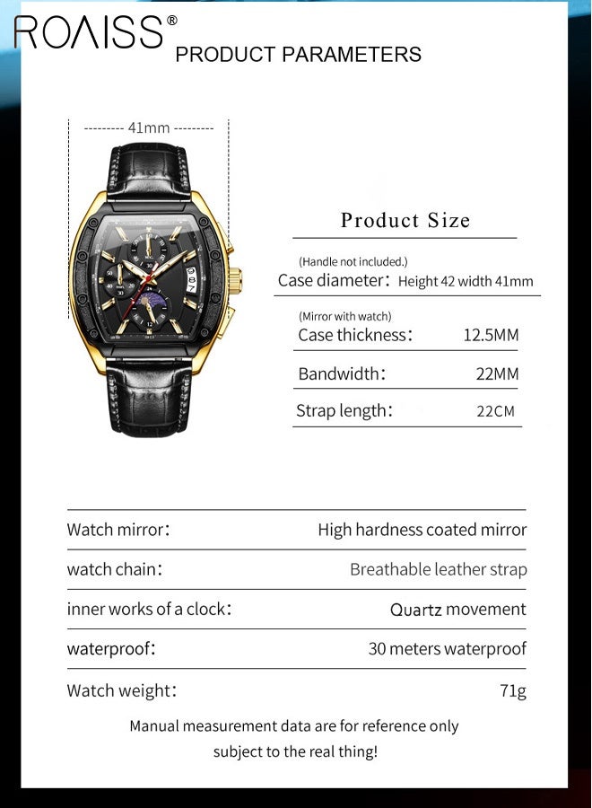 roaiss Men's Belt Watch, Analogue Display Tonneau Dial with Moon Phase Date Display, Luminous Water Resistant Fashion Wriatwatch, as Gift for Men - Image 3