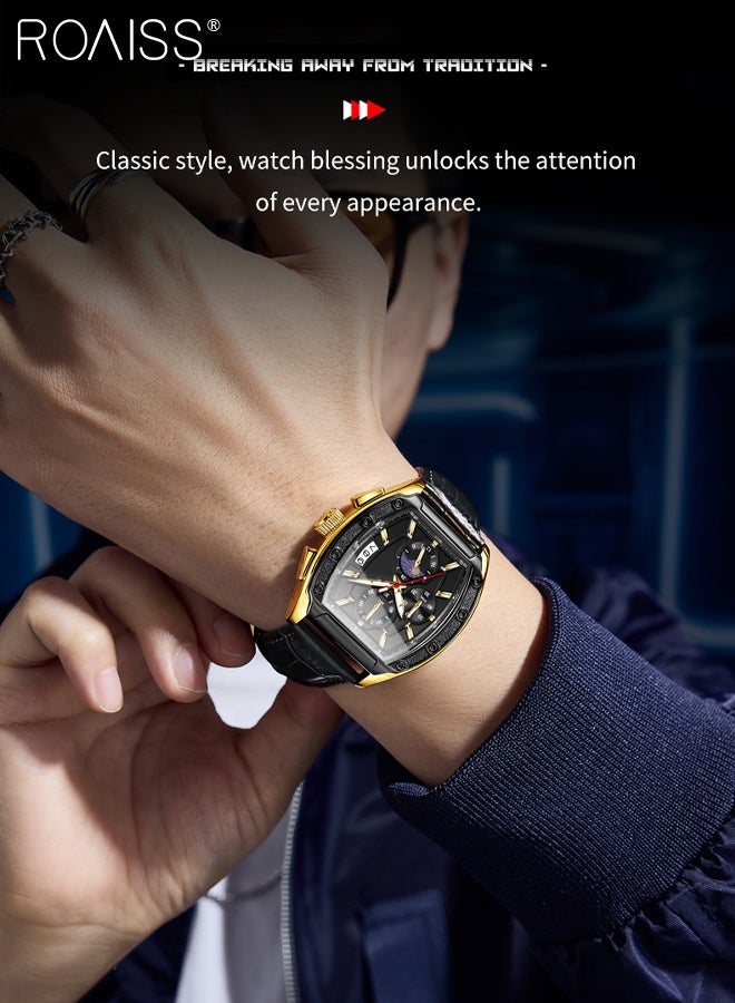roaiss Men's Belt Watch, Analogue Display Tonneau Dial with Moon Phase Date Display, Luminous Water Resistant Fashion Wriatwatch, as Gift for Men - Image 4