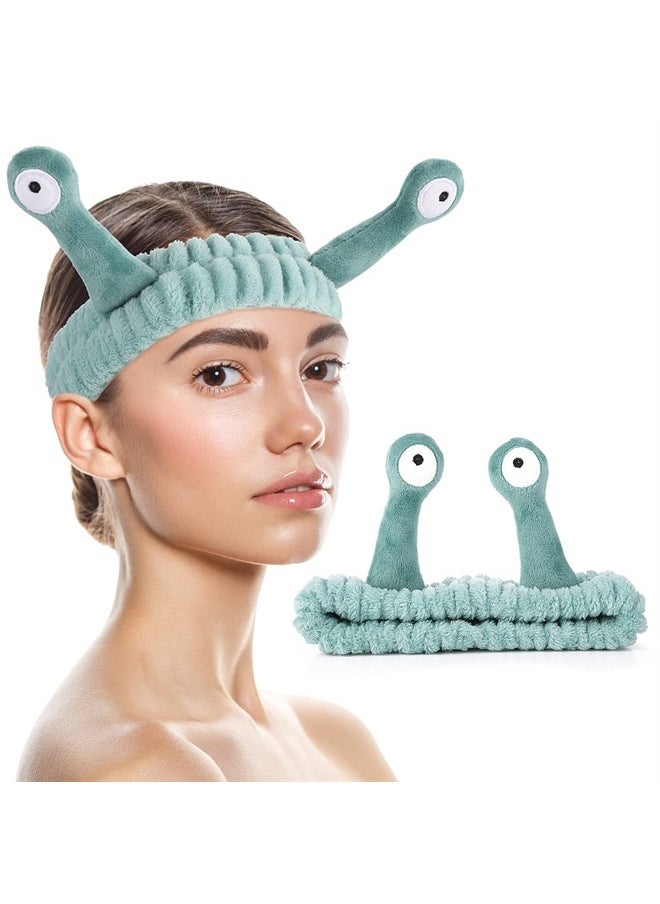 WLLHYF - Spa Headband Facial Makeup Head Band Microfiber Soft Coral Fleece Head Wraps Snail Cartoon Cute Hair Accessories Elastic Skincare Hair Band for Women Girls Washing Face Beauty (Green) - Image 1