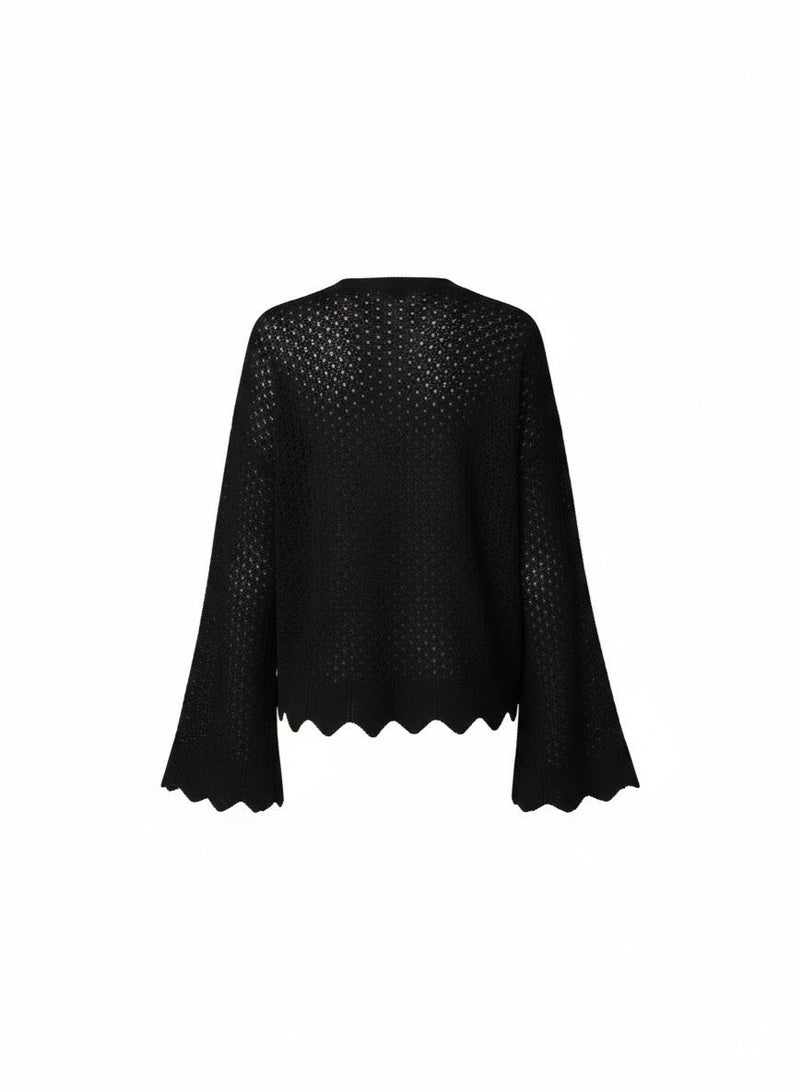 Women’s Black Knit Open-Front Cardigan with Wide Sleeves - Image 3