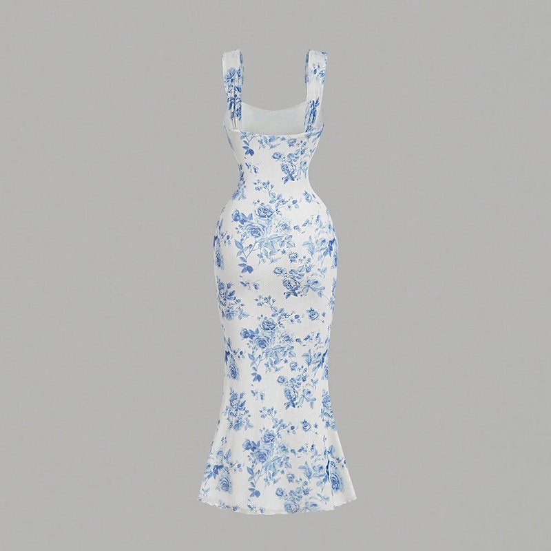 Women's Blue and White Porcelain Print Bodycon Mermaid Dress with Spaghetti Straps - Image 2