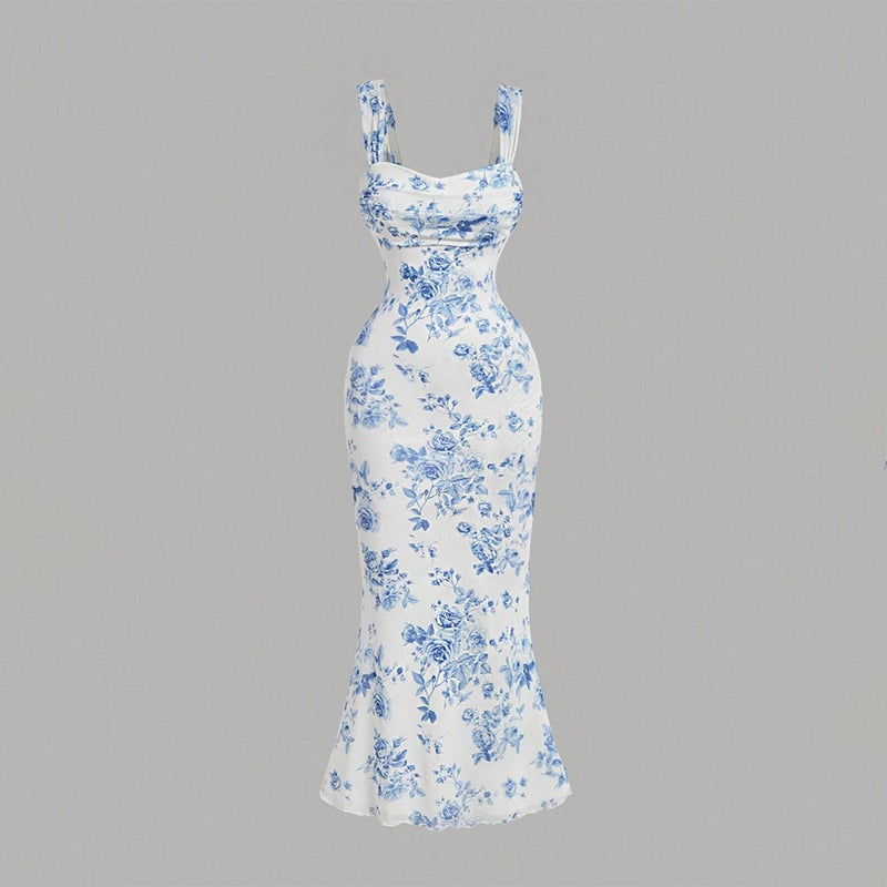 Women's Blue and White Porcelain Print Bodycon Mermaid Dress with Spaghetti Straps - Image 1