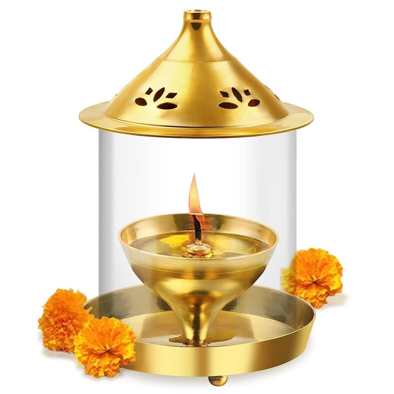 True Decor 7 Inches Akhand Jyoti Diya Large Size Akhand Jyoti Deepam Akhand Diya for Puja Big Size Brass with Borosilicate Glass Cover - Image 5
