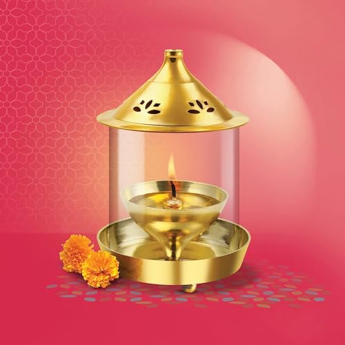 True Decor 7 Inches Akhand Jyoti Diya Large Size Akhand Jyoti Deepam Akhand Diya for Puja Big Size Brass with Borosilicate Glass Cover - Image 2