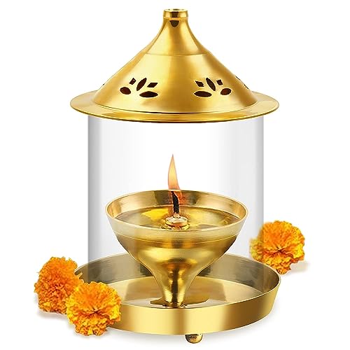 True Decor 7 Inches Akhand Jyoti Diya Large Size Akhand Jyoti Deepam Akhand Diya for Puja Big Size Brass with Borosilicate Glass Cover - Image 1