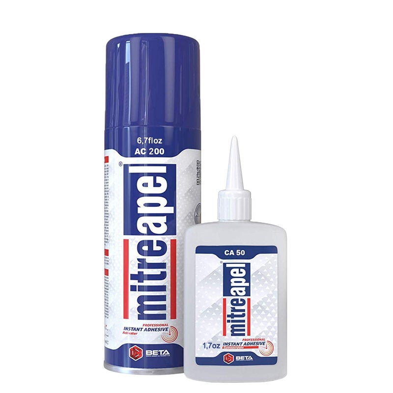 MITREAPEL Super CA Glue (1.7 oz.) with Spray Adhesive Activator (6.7 fl oz.) - Crazy Craft Glue for Wood, Plastic, Metal, Leather, Ceramic - Cyanoacrylate Glue for Crafting and Building (1 Pack) - Image 1