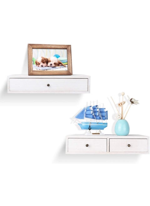 UHUD CRAFTS Floating Shelves with Drawer Wood Wall ShelvesCabinets for Storage and Display Multiuse as A Nightstand or Bedside Shelf Set of 2 Vintage White