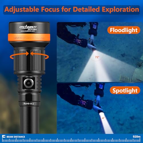 ORCATORCH ZD710 MK2 2-in-1 Zoomable Dive Light, 4-72 Degrees Adjustable Beam Scuba Diving Flashlight with 4 Modes, 920M Long Range, IP68 Waterproof Submersible Torch for Under Water Deep Sea Cave - Image 2