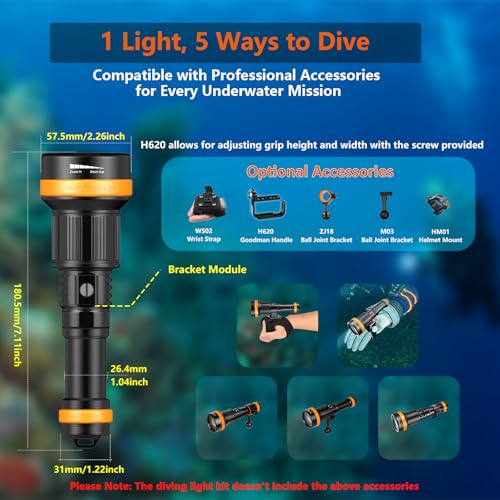 ORCATORCH ZD710 MK2 2-in-1 Zoomable Dive Light, 4-72 Degrees Adjustable Beam Scuba Diving Flashlight with 4 Modes, 920M Long Range, IP68 Waterproof Submersible Torch for Under Water Deep Sea Cave - Image 5