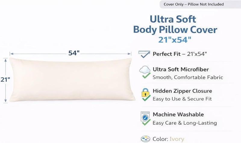 EVOLIVE Ultra Soft Microfiber Body Pillow Cover/Pillowcases 21"x54" with Hidden Zipper Closure (21"x54" Body Pillow Cover, Ivory) - Image 2