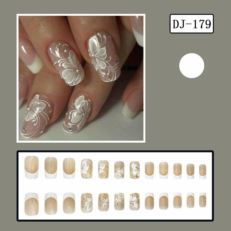 juggssa French Press on Nails Medium Square Shape Fake Nails with Butterfly Designs White French Tip Nails Glossy Rhinestone Acrylic Full Cover Stick on Nails for Women Elegant Glue on Nails False Nails 24PCS - Image 4
