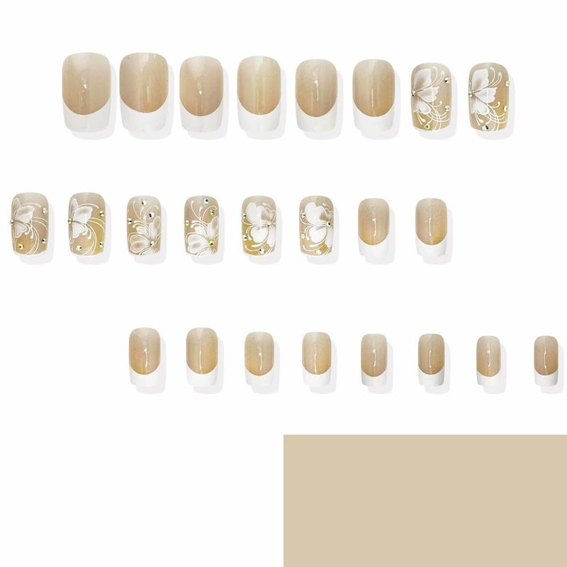 juggssa French Press on Nails Medium Square Shape Fake Nails with Butterfly Designs White French Tip Nails Glossy Rhinestone Acrylic Full Cover Stick on Nails for Women Elegant Glue on Nails False Nails 24PCS - Image 2