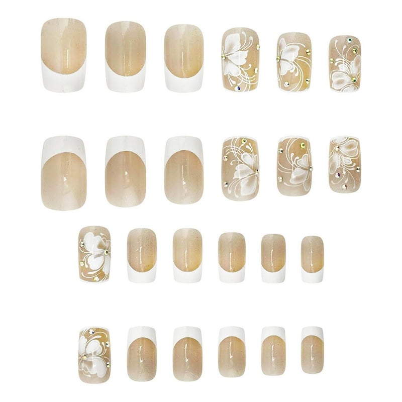 juggssa French Press on Nails Medium Square Shape Fake Nails with Butterfly Designs White French Tip Nails Glossy Rhinestone Acrylic Full Cover Stick on Nails for Women Elegant Glue on Nails False Nails 24PCS - Image 3