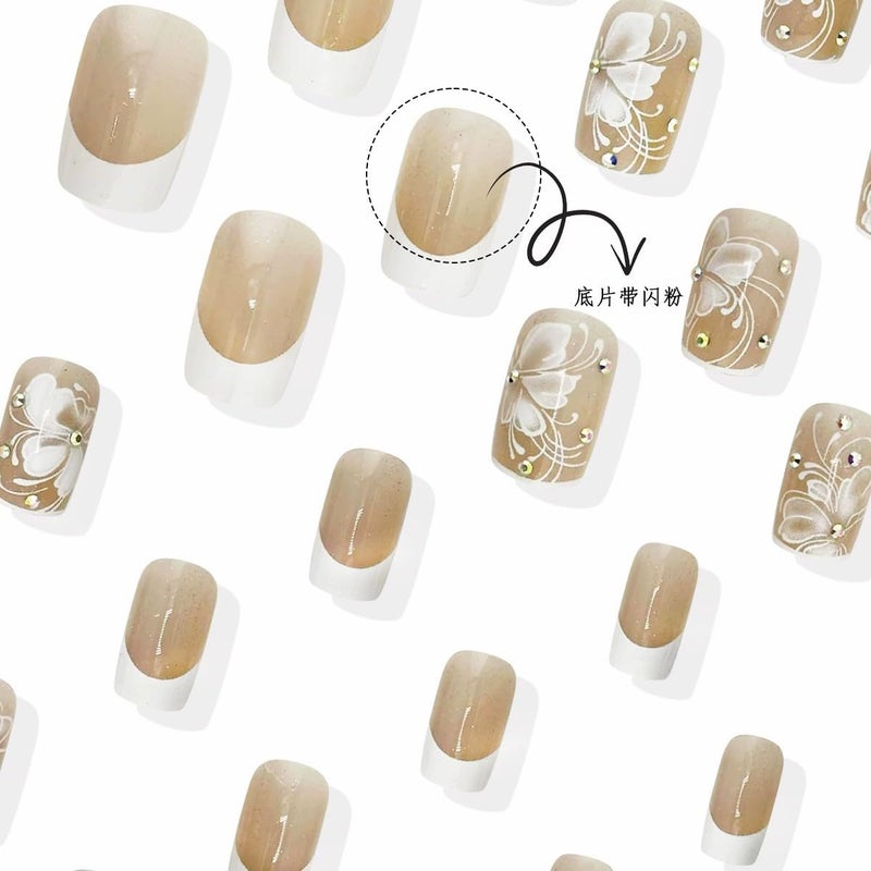 juggssa French Press on Nails Medium Square Shape Fake Nails with Butterfly Designs White French Tip Nails Glossy Rhinestone Acrylic Full Cover Stick on Nails for Women Elegant Glue on Nails False Nails 24PCS - Image 5