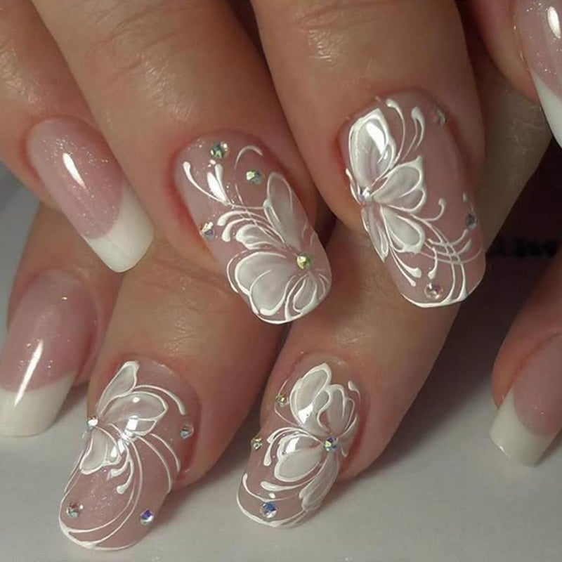 juggssa French Press on Nails Medium Square Shape Fake Nails with Butterfly Designs White French Tip Nails Glossy Rhinestone Acrylic Full Cover Stick on Nails for Women Elegant Glue on Nails False Nails 24PCS - Image 1