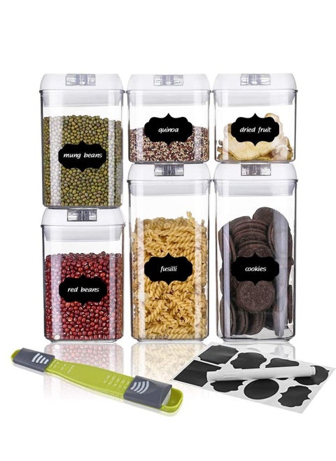 Airtight Food Storage Containers with Lids, 6 PC Set BPA Free Plastic Containers for Kitchen Pantry Organization and Storage, Leak-Proof Stackable Canister, include Measuring Spoon and 10 Labels