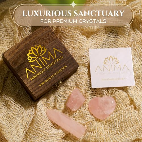 Anima Premium Rose Quartz Crystal Set for Love, Healing & Harmony – Authentic Madagascar Rose Quartz Heart Stone, Tower & Raw Crystal Presented in Elegant Wooden Gift Box – Responsibly Sourced - Image 2