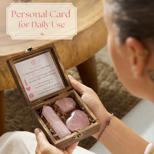 Anima Premium Rose Quartz Crystal Set for Love, Healing & Harmony – Authentic Madagascar Rose Quartz Heart Stone, Tower & Raw Crystal Presented in Elegant Wooden Gift Box – Responsibly Sourced - Image 3