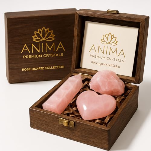 Anima Premium Rose Quartz Crystal Set for Love, Healing & Harmony – Authentic Madagascar Rose Quartz Heart Stone, Tower & Raw Crystal Presented in Elegant Wooden Gift Box – Responsibly Sourced - Image 1