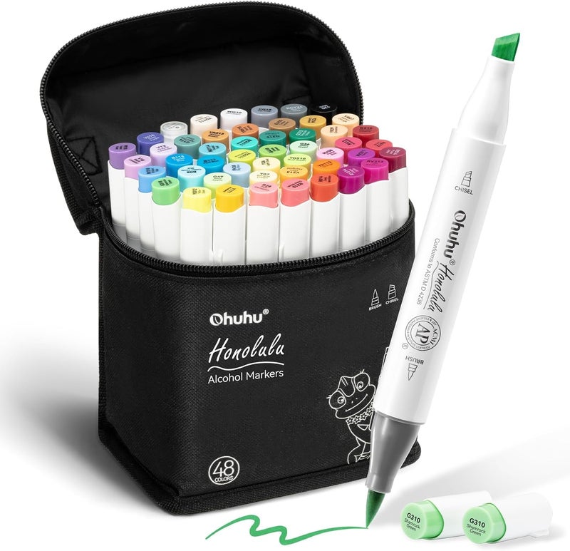 Ohuhu Alcohol Markers Brush Tip: 48 Colors Brush & Chisel Dual tips Art Marker Set for Artist Adults Coloring Sketching Drawing Alcohol-based Ink - Honolulu - Image 1