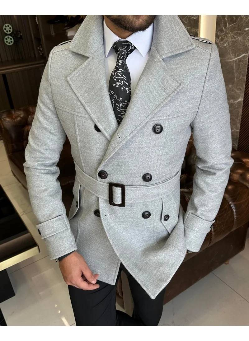 ترزي اددم Italian Style Men's Short Cashmere Trench Coat Jacket Grey T10078