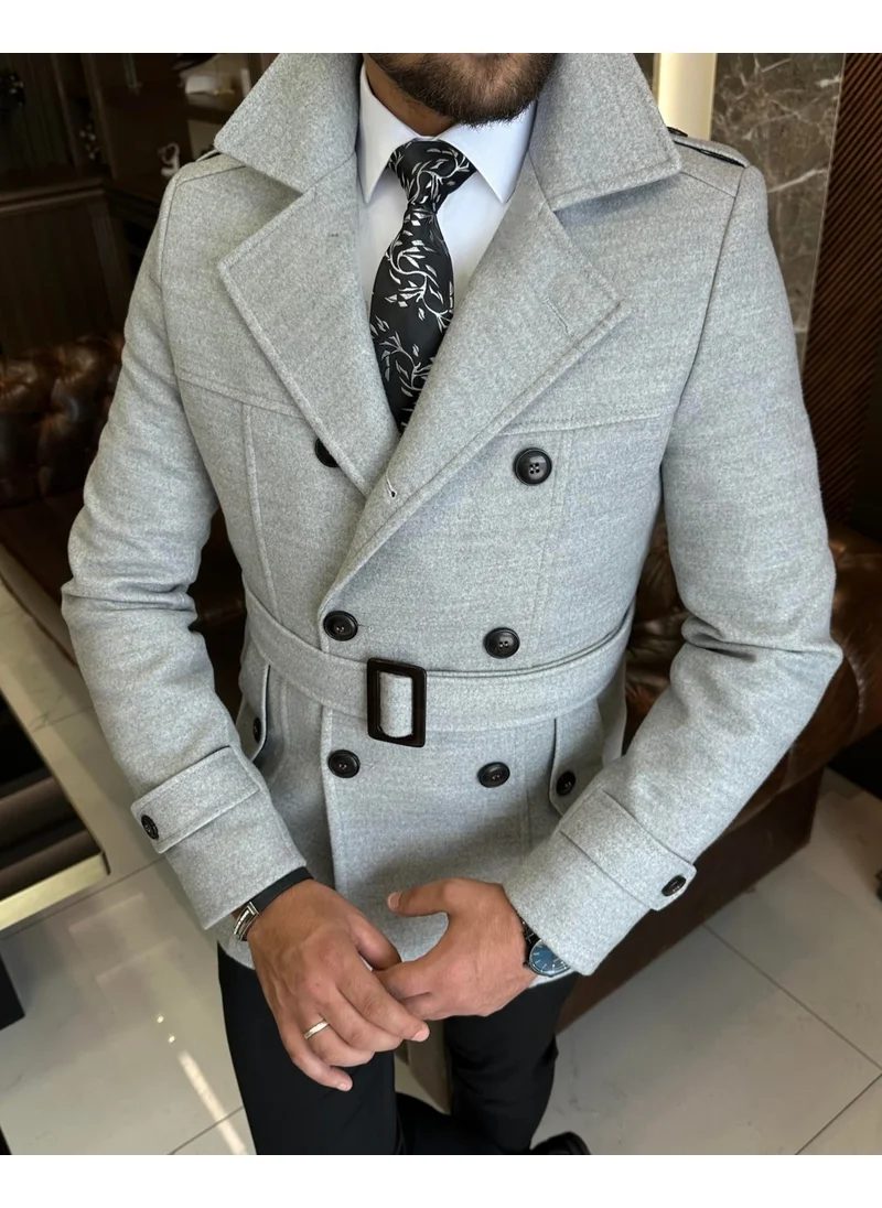 ترزي اددم Italian Style Men's Short Cashmere Trench Coat Jacket Grey T10078