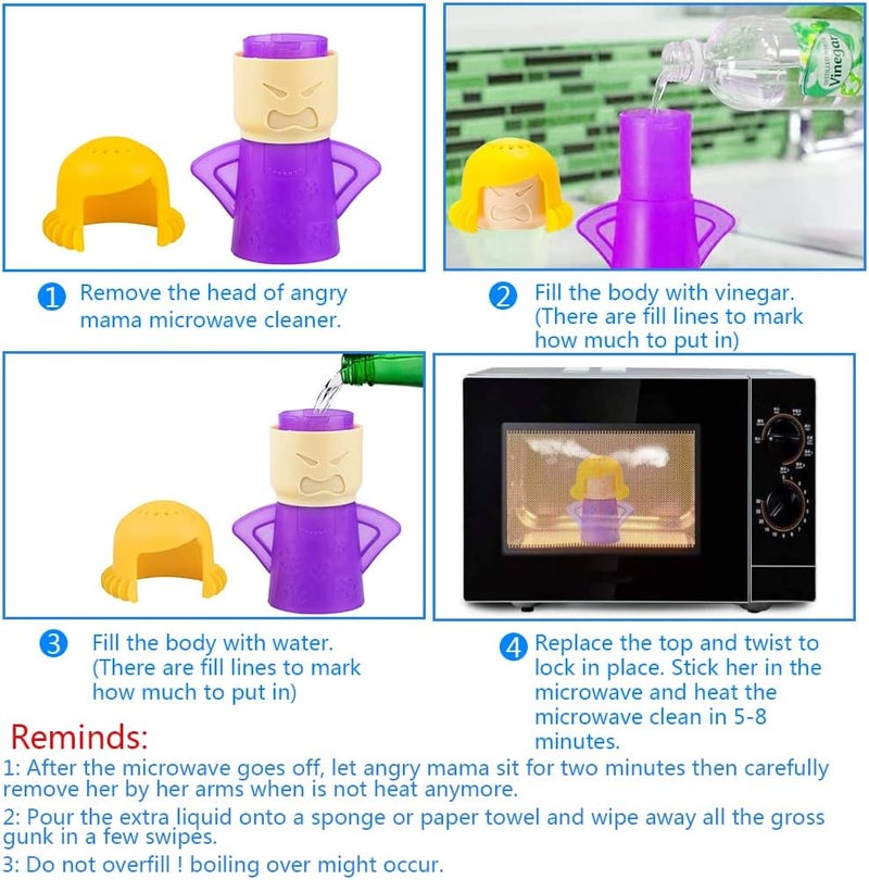 Abnaok Microwave Cleaner, 2 PCS Angry Mama Microwave Cleaner Microwave Oven Steam Cleaner Easily Clean in Minutes Cleans Add Vinegar and Water for Home or Office with English Manual (Purple) - Image 4