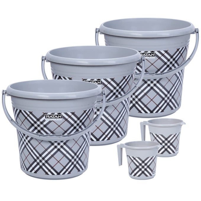 RATAN PLASTICS FROSTY CHECKS PRINT PACK OF 5 BATHROOM SET 25L BUCKET X 315L MUG X 2 GREY