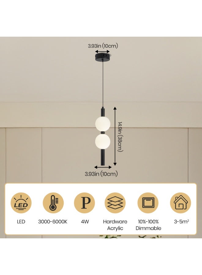 YATAI LIGHTING Modern LED Pendant Light, 2-Globe Adjustable Hanging Lamp with 3-Color Dimming, Height Adjustable, Black Aluminum Acrylic Spheres for Dining Table, Kitchen Island, Bedroom, 4W 3000K-6000K - Image 3