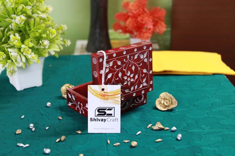 Shivay Craft Soapsto Flower Leaf Carving Work Storage Jewellery Box Red - Image 4