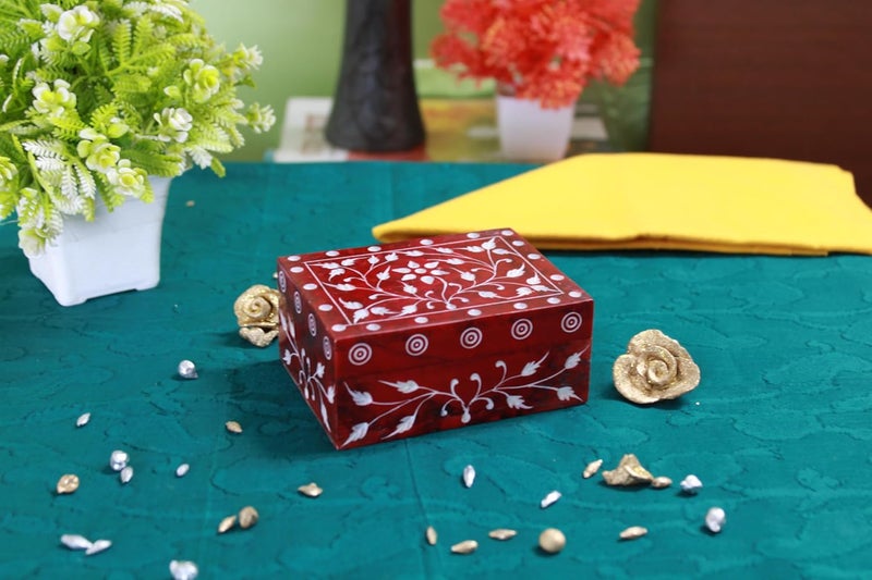 Shivay Craft Soapsto Flower Leaf Carving Work Storage Jewellery Box Red - Image 1