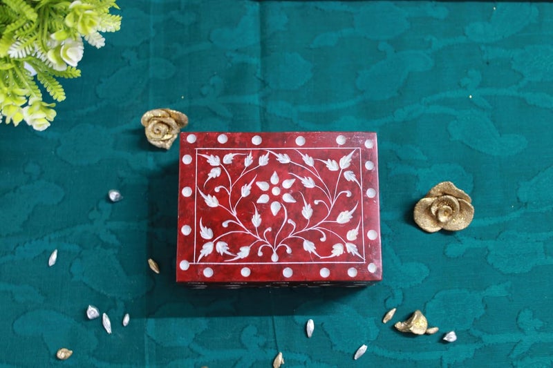 Shivay Craft Soapsto Flower Leaf Carving Work Storage Jewellery Box Red - Image 2