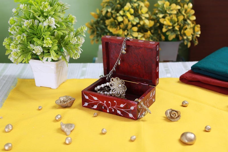 Shivay Craft Soapsto Flower Leaf Carving Work Storage Jewellery Box Red - Image 3