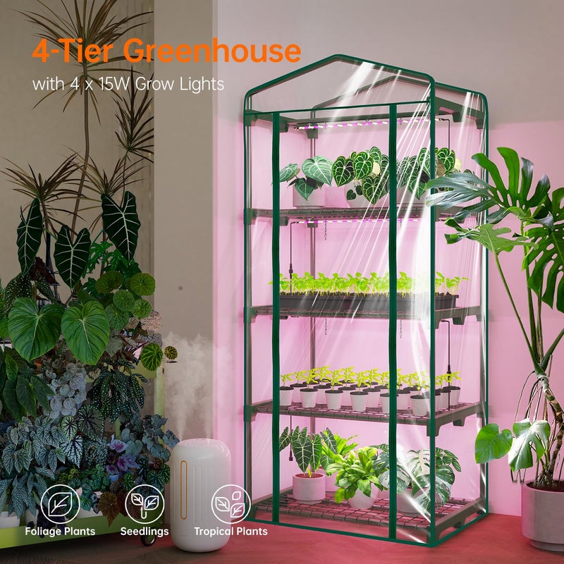 Bstrip Indoor Greenhouse with Grow Lights, 4 Tier 27.2" LÃ—19.9" WÃ—61.8" H Mini Greenhouse with Zippered PVC Cover for Seed Starting Trays, Dimmable 2FT 60W Plant Light for Indoor Plants with Timer - Image 4