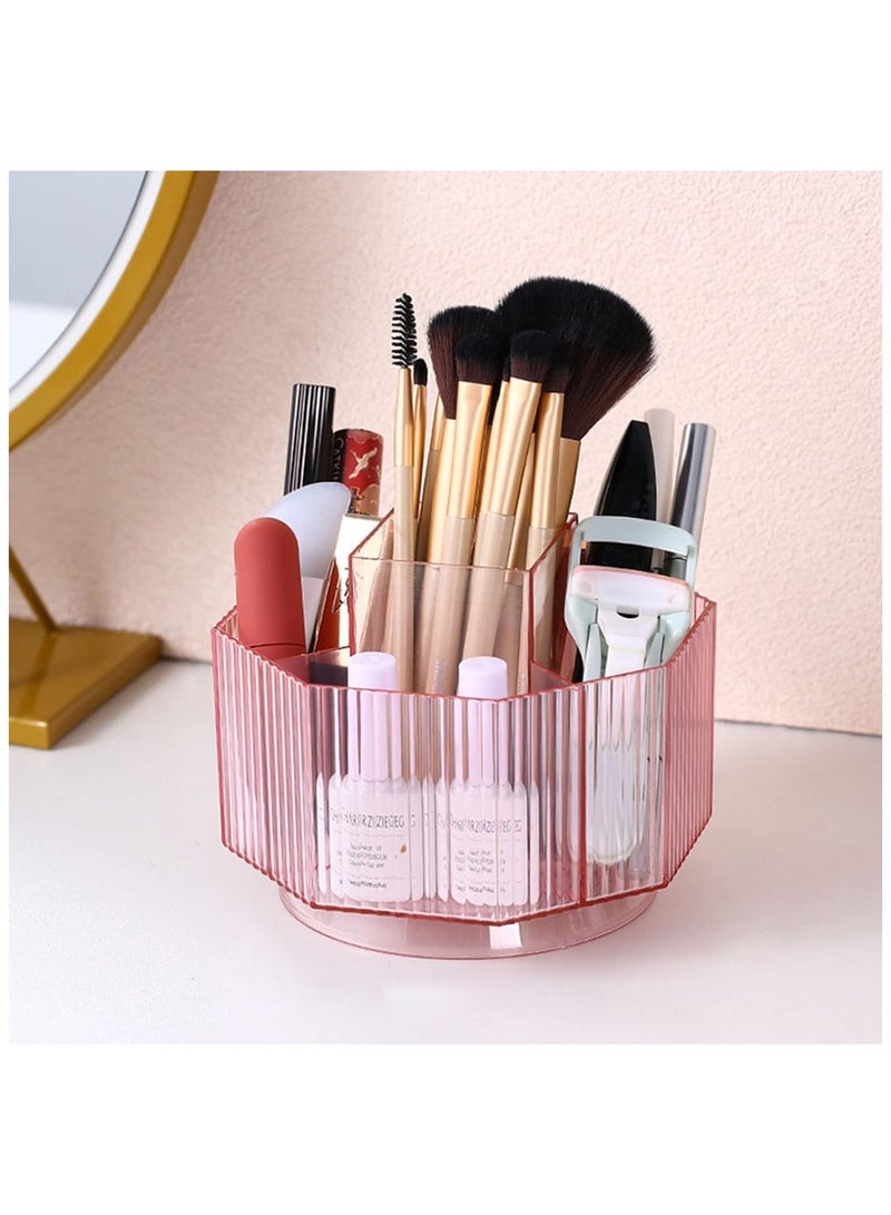 360°Rotating Makeup Brush Holder Cosmetic Display Case Clear Makeup Lip Gloss Organizer Case with 5 Slots Round Turntable Storage Tray for Vanity, Bathroom, Counter Organizer Clear Pink - Image 1