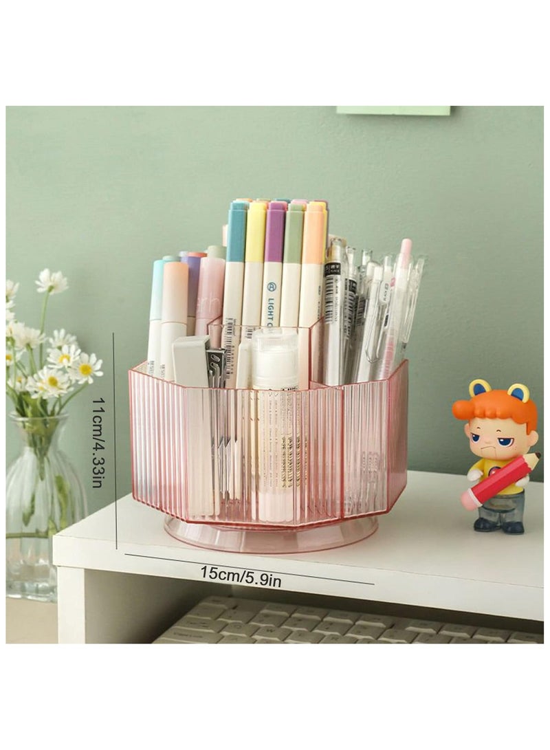 360°Rotating Makeup Brush Holder Cosmetic Display Case Clear Makeup Lip Gloss Organizer Case with 5 Slots Round Turntable Storage Tray for Vanity, Bathroom, Counter Organizer Clear Pink - Image 2