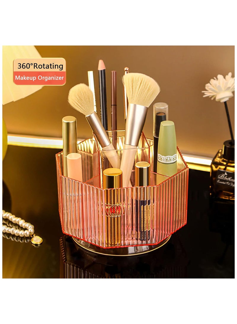 360°Rotating Makeup Brush Holder Cosmetic Display Case Clear Makeup Lip Gloss Organizer Case with 5 Slots Round Turntable Storage Tray for Vanity, Bathroom, Counter Organizer Clear Pink - Image 3