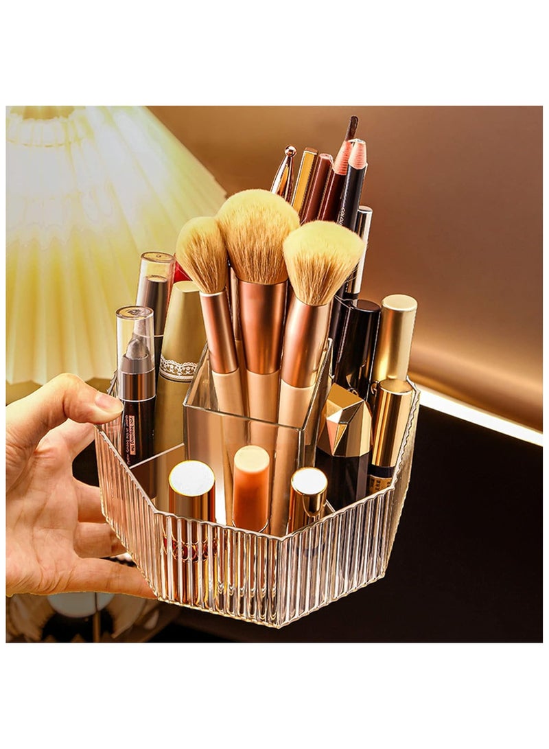 360°Rotating Makeup Brush Holder Cosmetic Display Case Clear Makeup Lip Gloss Organizer Case with 5 Slots Round Turntable Storage Tray for Vanity, Bathroom, Counter Organizer Clear Pink - Image 5