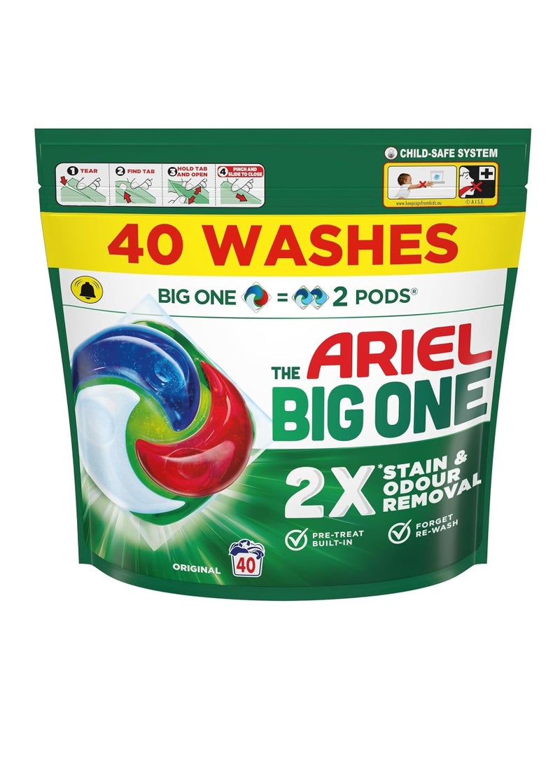 Ariel The Big One Laundry Liquid Pods Original, 2X Stain And Odour Removal, Pre-Treat Built-In, Forget Re-Wash - 40 Count - Image 1