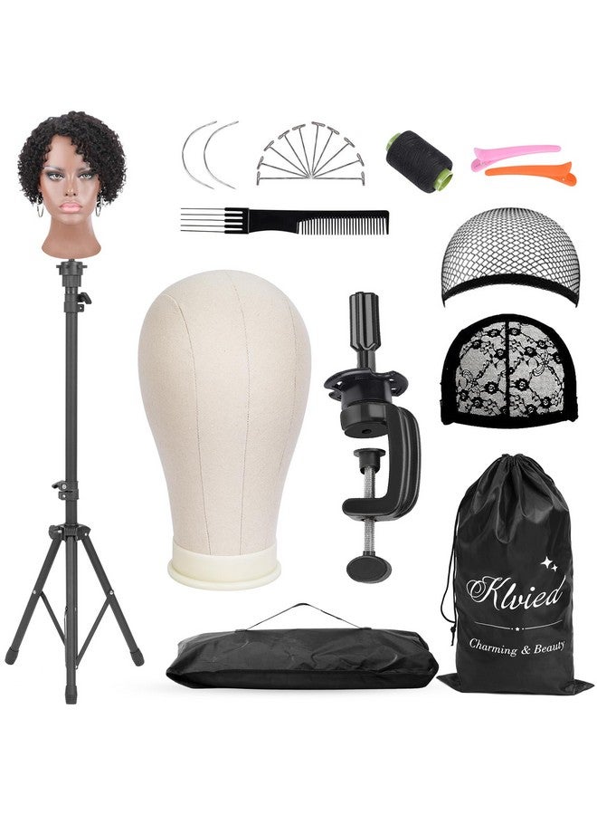 Klvied Klvied Reinforced Wig Mannequin Stand with Head, Dual-use 22 Inch Canvas Wig Head Display, Adjustable Clamp Wig Holder, Manikin Head Set for Cosmetology Hairdressing Training with Carrying Storage Bag - Image 1