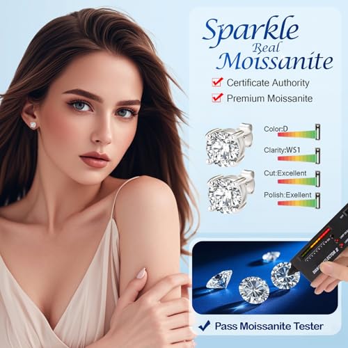 SecreTalk 1-6CT Moissanite Stud Earrings for Women, C4P Setting D Color Ideal Cut Lab Created Diamond Earrings with Certificate of Authenticity (2CT, White Gold Plated) - Image 2