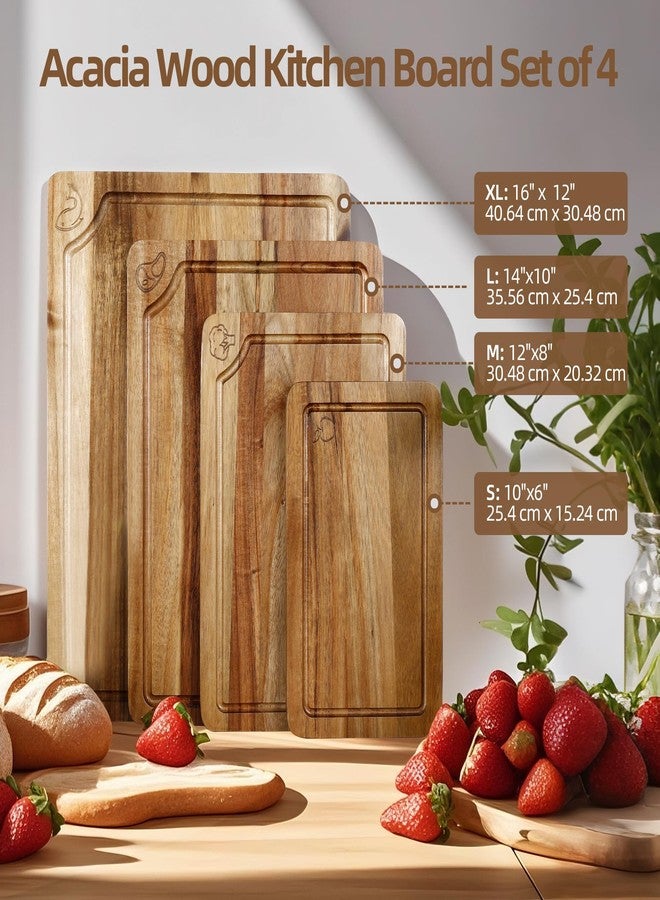 WILLKOMMEN Acacia Wood Cutting Boards for Kitchen, 4-Piece Chopping Board Set with Food Icon (Meat, Fish, Vegetables, Fruits) Wooden Butcher Block with Stands, Handles & Juice Groove (S,M,L,XL) - Image 4