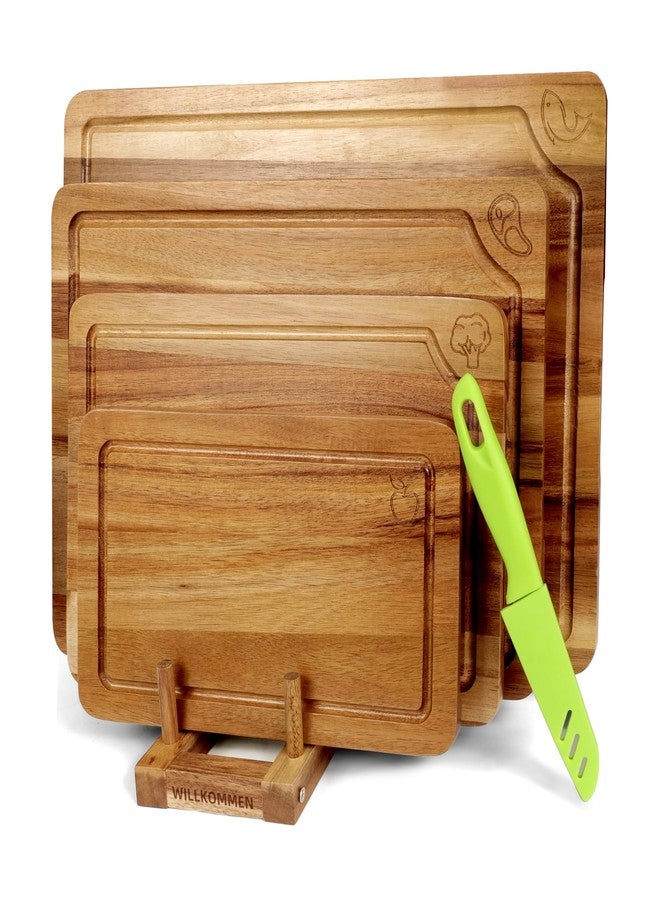 WILLKOMMEN Acacia Wood Cutting Boards for Kitchen, 4-Piece Chopping Board Set with Food Icon (Meat, Fish, Vegetables, Fruits) Wooden Butcher Block with Stands, Handles & Juice Groove (S,M,L,XL) - Image 1