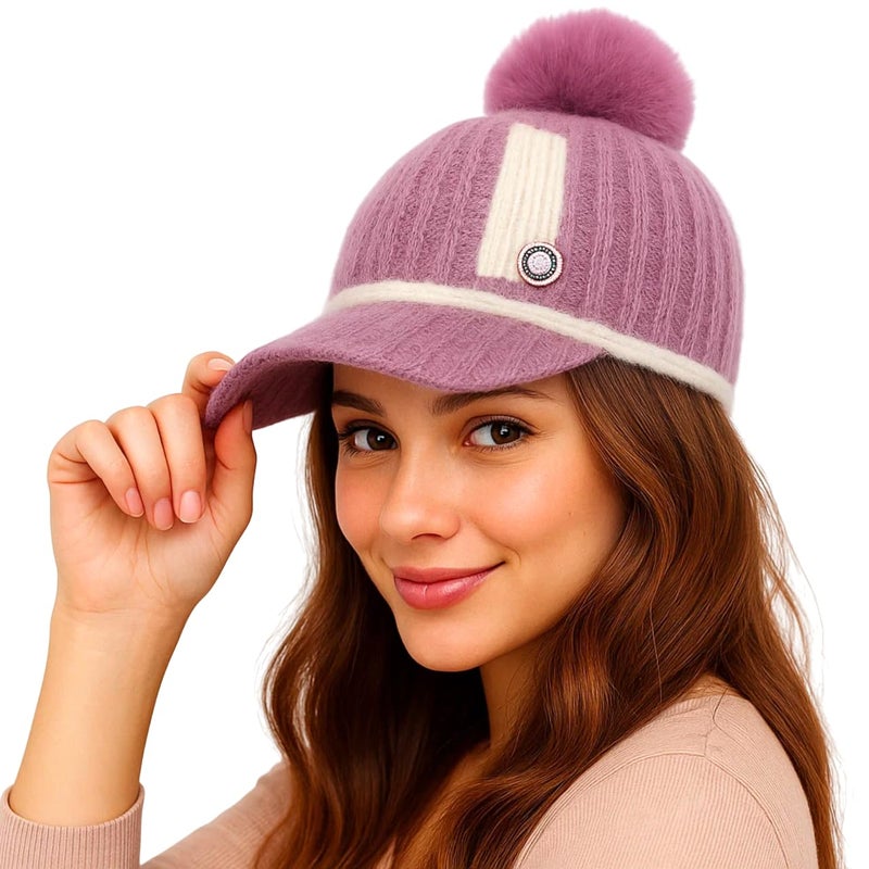 Fashiol Women's Knitted Winter Hat | Visor Beanie with Pom-Pom & Decorative Button – Soft Wool Blend, Stylish Casual Wear Cap for Girls Multicolour - Image 1