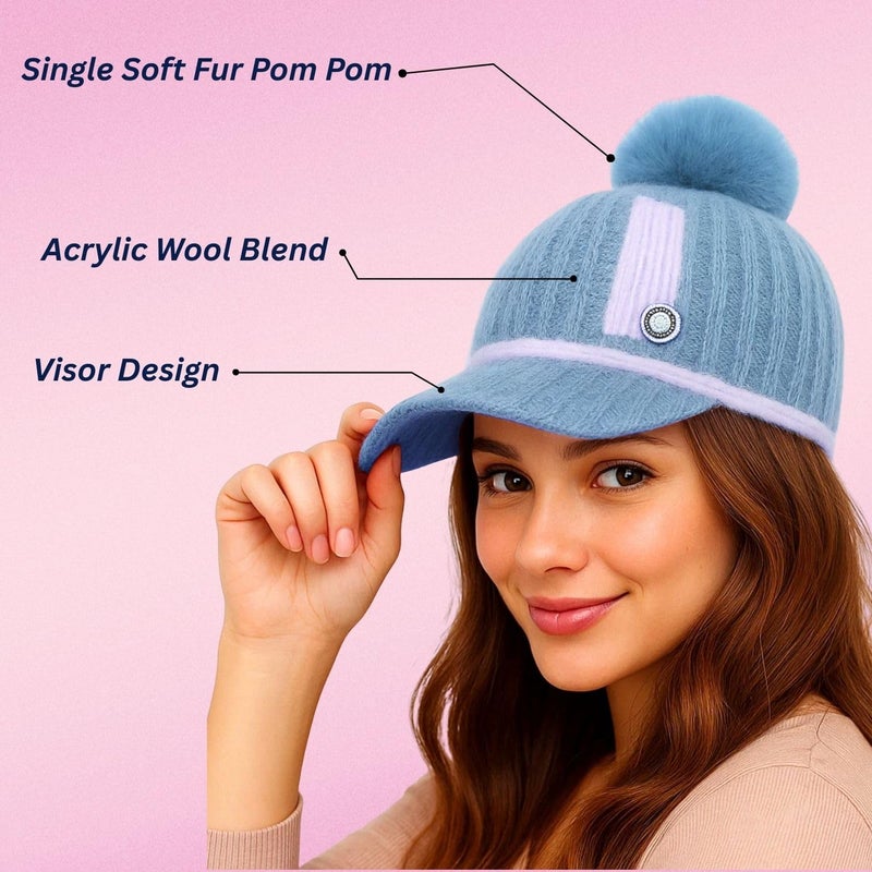 Fashiol Women's Knitted Winter Hat | Visor Beanie with Pom-Pom & Decorative Button – Soft Wool Blend, Stylish Casual Wear Cap for Girls Multicolour - Image 3