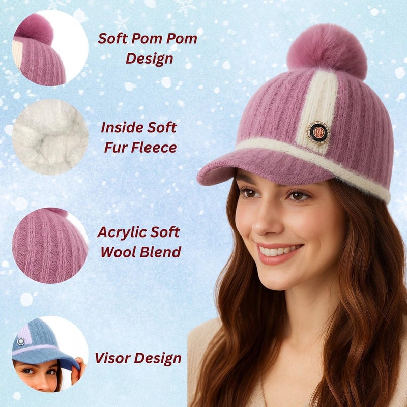 Fashiol Women's Knitted Winter Hat | Visor Beanie with Pom-Pom & Decorative Button – Soft Wool Blend, Stylish Casual Wear Cap for Girls Multicolour - Image 4