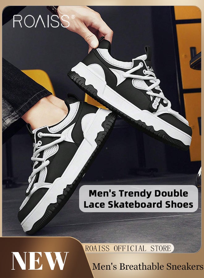 roaiss Stylish Colorblock Breathable Sneakers for Men Casual Double Lace up Non Slip Platform Skateboard Shoes Men's Low Top Cross Strap Design Comfy Soft Sole Sports Shoes - Image 1