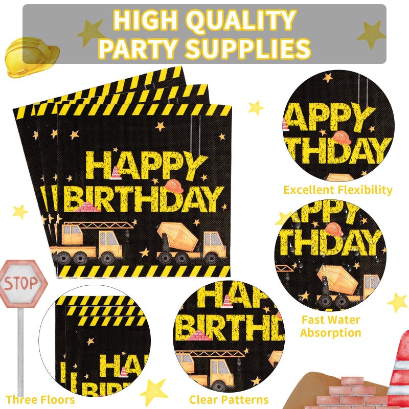 Grencian 96 Pcs Construction 3rd Birthday Party Supplies 350 GSM Construction Plates Napkins Forks Tableware Set Excavator 3rd Birthday Decorations for Boys Dump Truck Theme 3 Year Old birthday Decor Serves 24 - Image 4