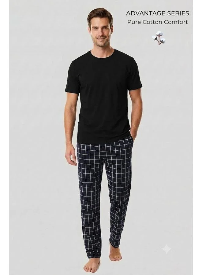 Aytuğ Egyptian Men's Cotton Thin Plaid Bottom Pajama Light Navy.