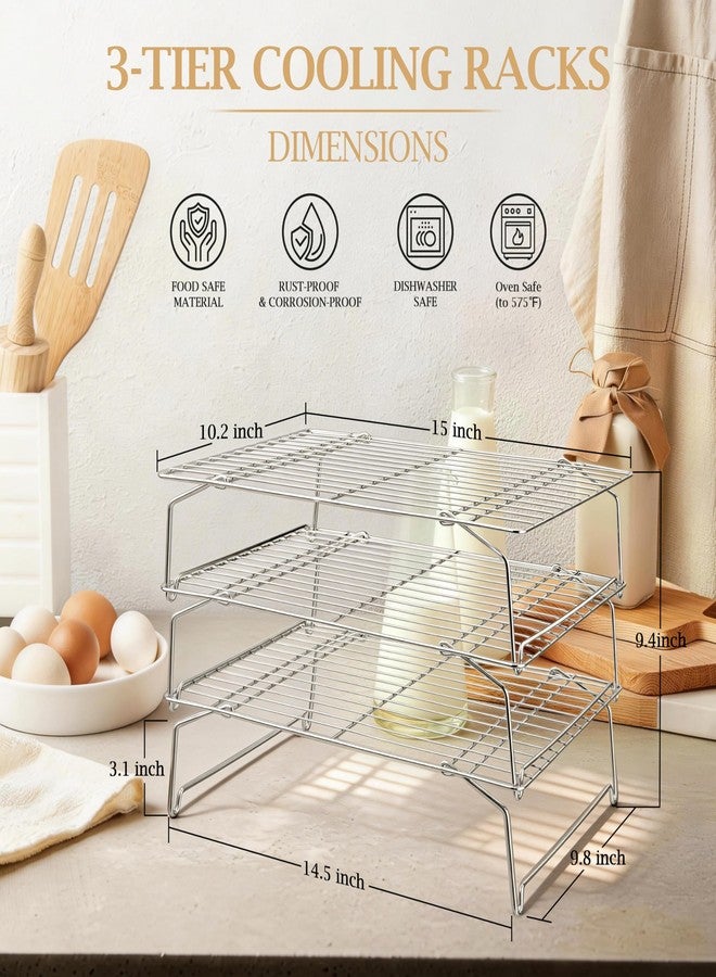 LIANYU Cooling Rack 15"x10", 3-Tier Stackable & Collapsible Stainless Steel Baking Wire Racks for Cooking, Baking, Roasting, Drying, Oven & Dishwasher Safe, Silver - Image 2